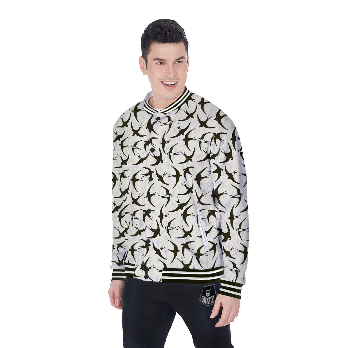 Black Swallow Vintage Print Pattern Baseball Jacket-grizzshop