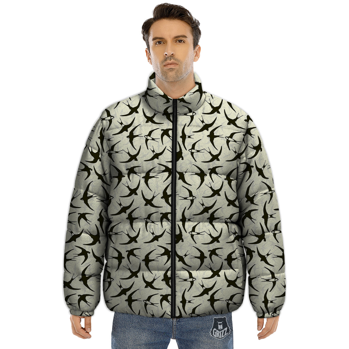 Black Swallow Vintage Print Pattern Puffer Jacket-grizzshop