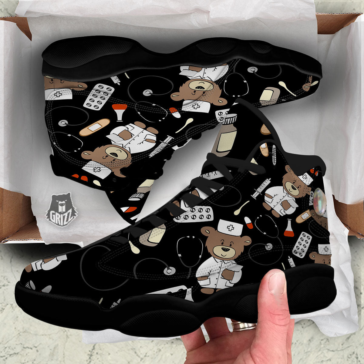 Black Teddy Bear Nurse Black Basketball Shoes-grizzshop