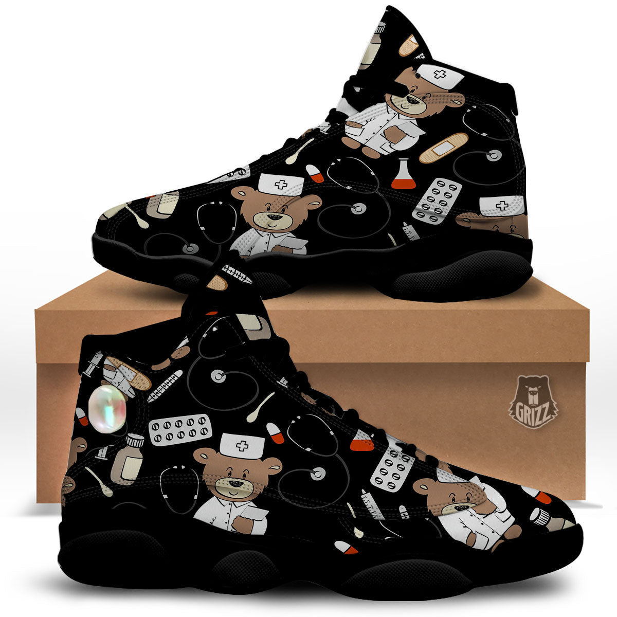 Black Teddy Bear Nurse Black Basketball Shoes-grizzshop