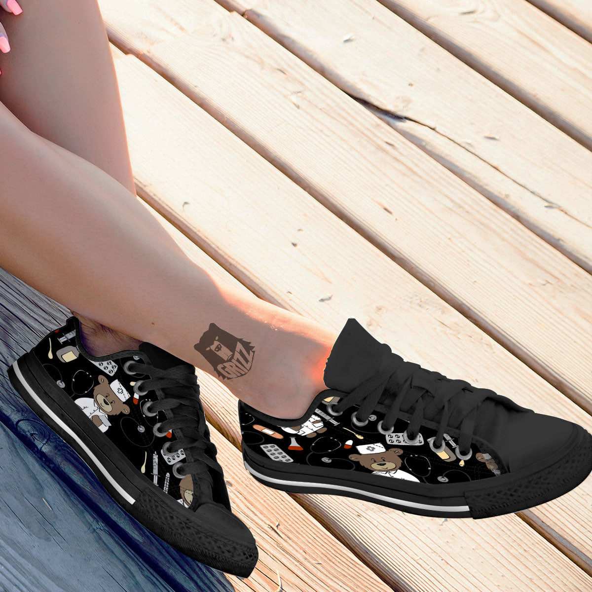 Black Teddy Bear Nurse Black Low Top Shoes-grizzshop