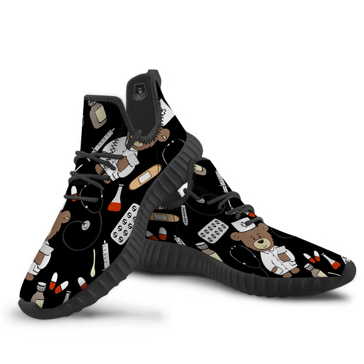 Black Teddy Bear Nurse Black Walking Shoes-grizzshop