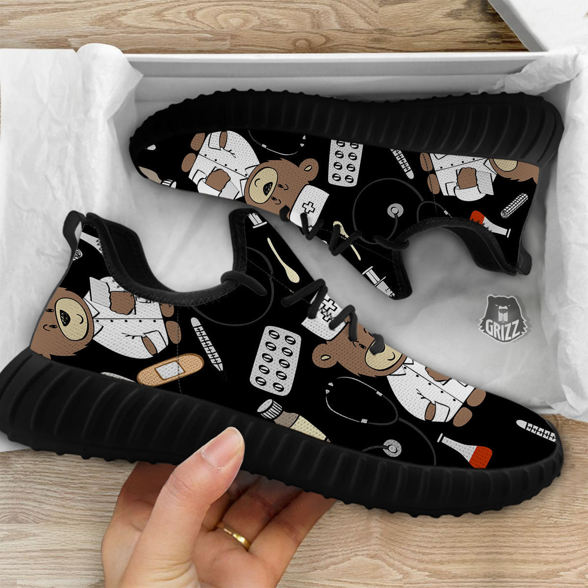 Black Teddy Bear Nurse Black Walking Shoes-grizzshop