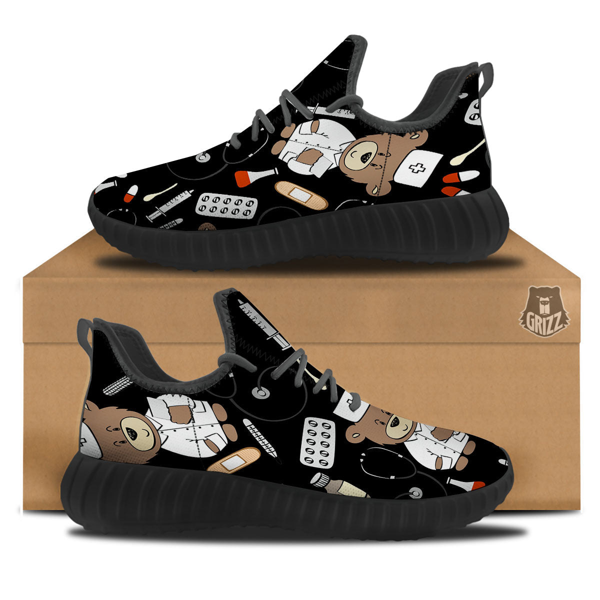 Black Teddy Bear Nurse Black Walking Shoes-grizzshop
