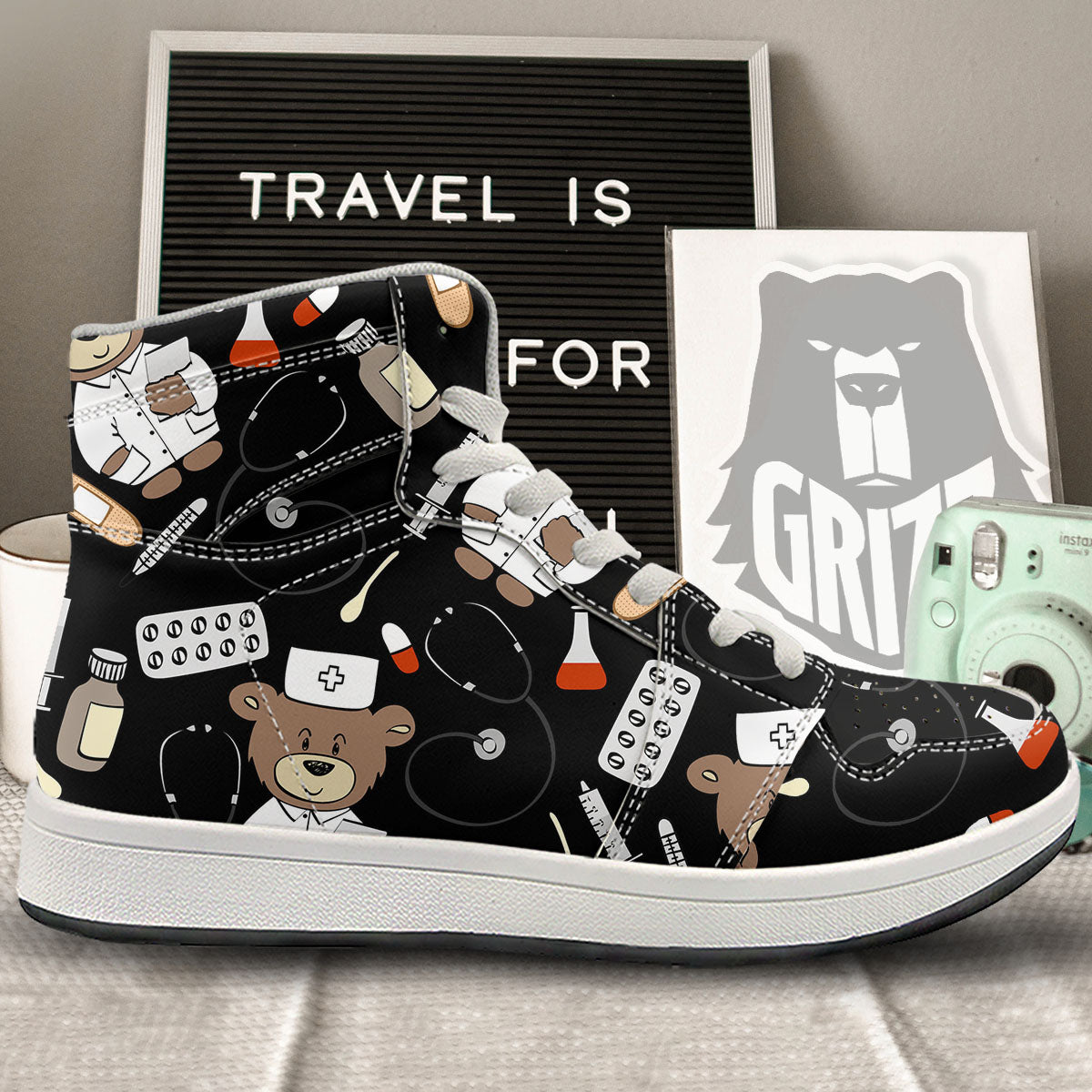 Black Teddy Bear Nurse High Top Sneakers-grizzshop