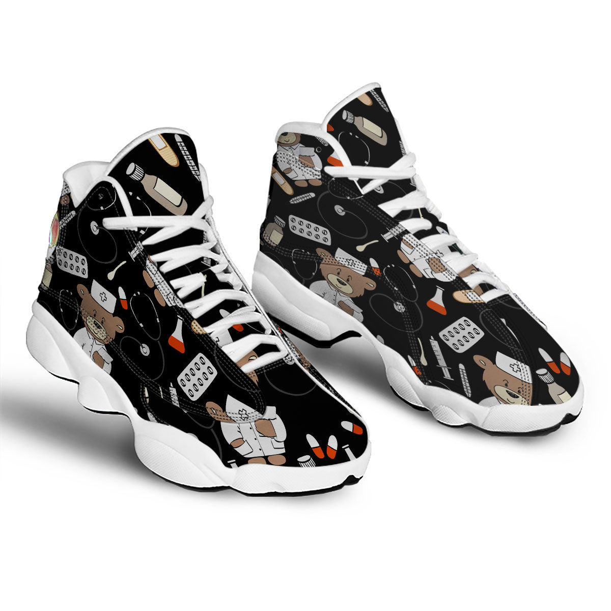 Black Teddy Bear Nurse White Basketball Shoes-grizzshop