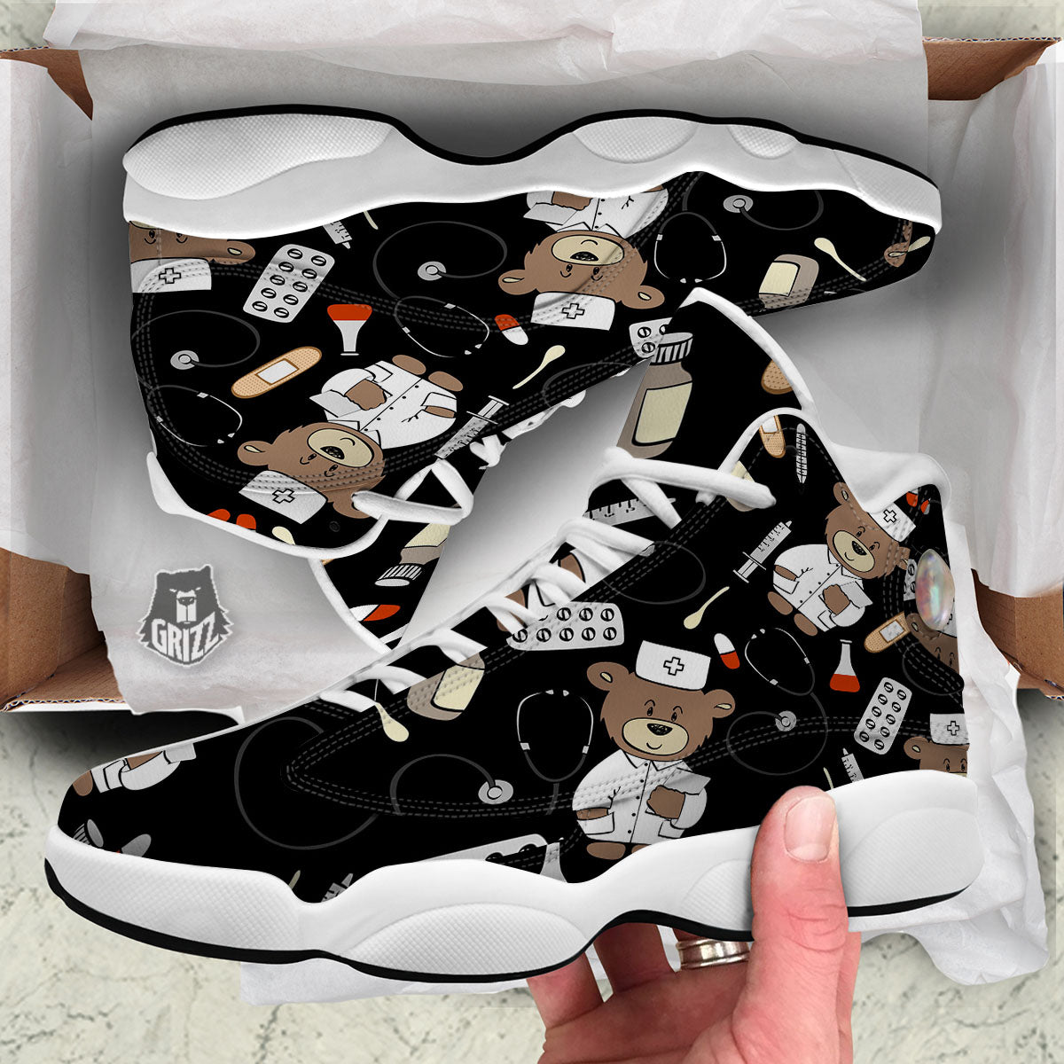 Black Teddy Bear Nurse White Basketball Shoes-grizzshop
