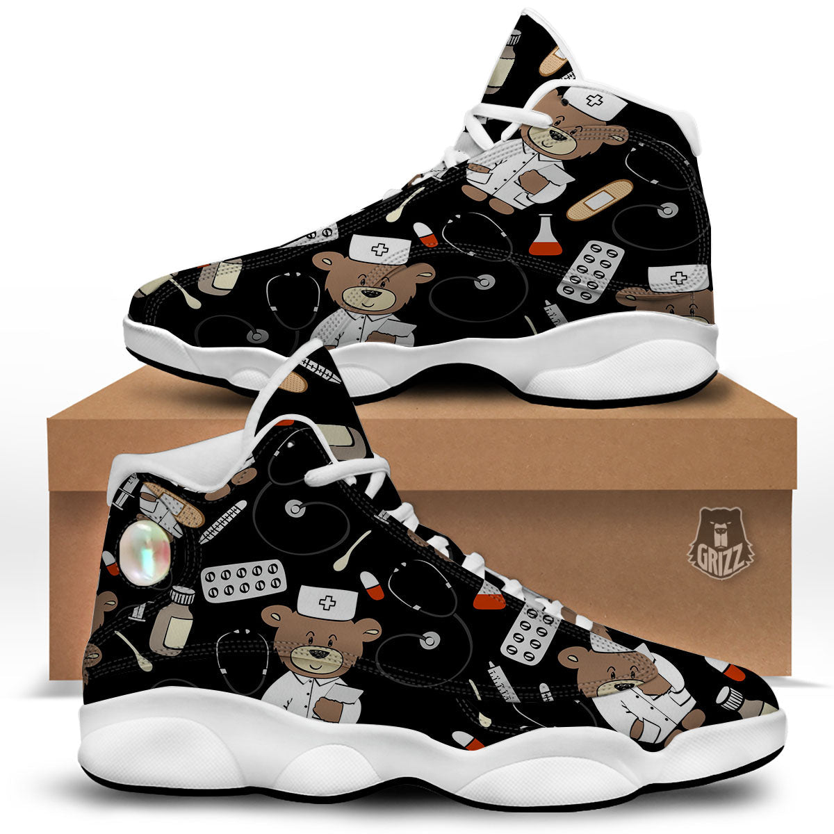 Black Teddy Bear Nurse White Basketball Shoes-grizzshop