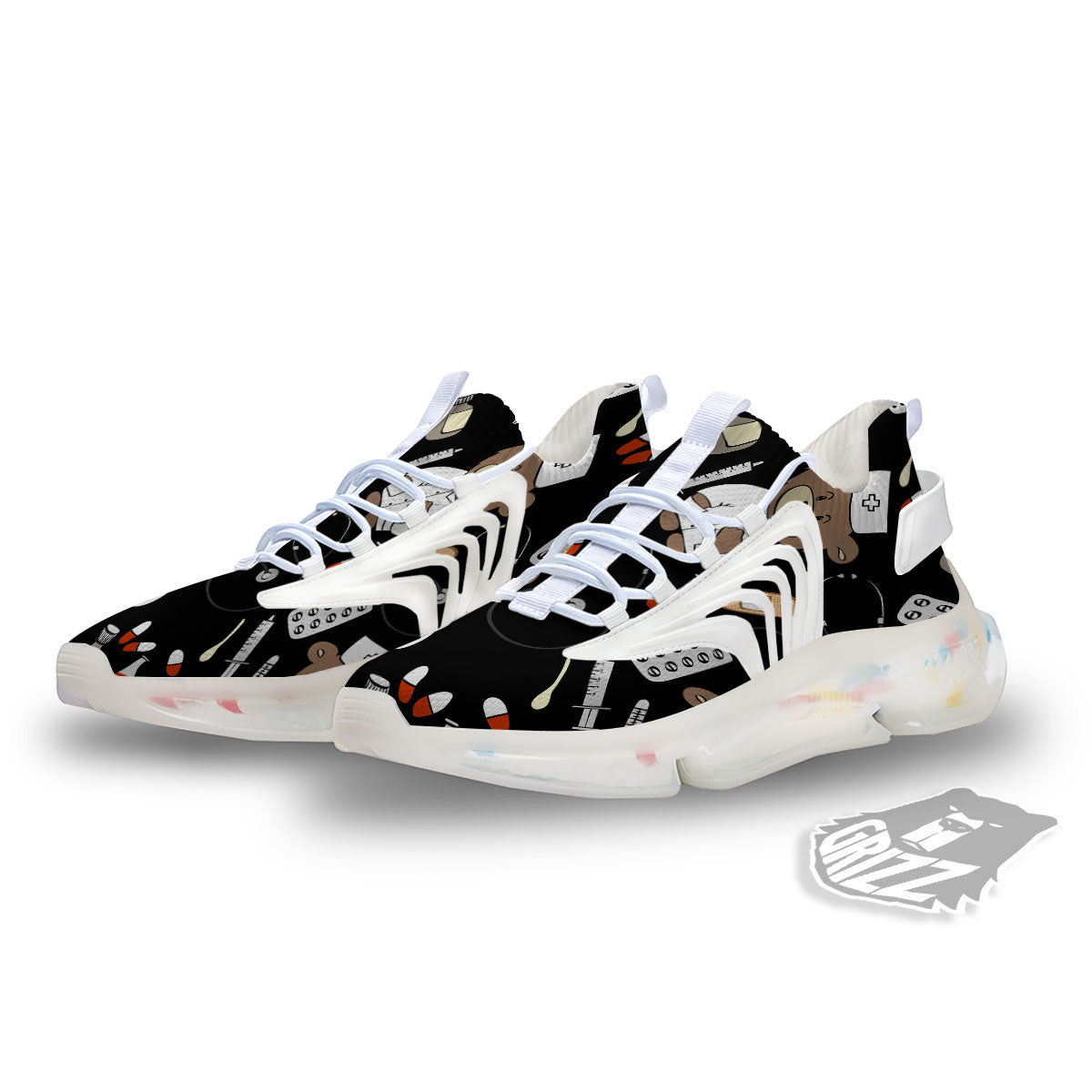 Black Teddy Bear Nurse White Gym Shoes-grizzshop