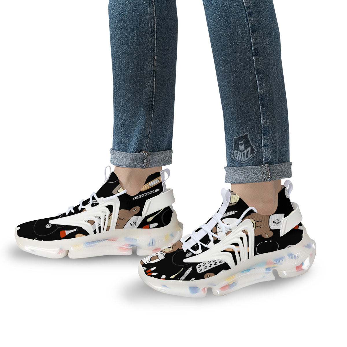 Black Teddy Bear Nurse White Gym Shoes-grizzshop