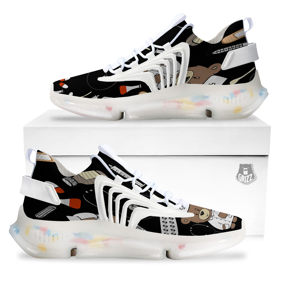 Black Teddy Bear Nurse White Gym Shoes-grizzshop