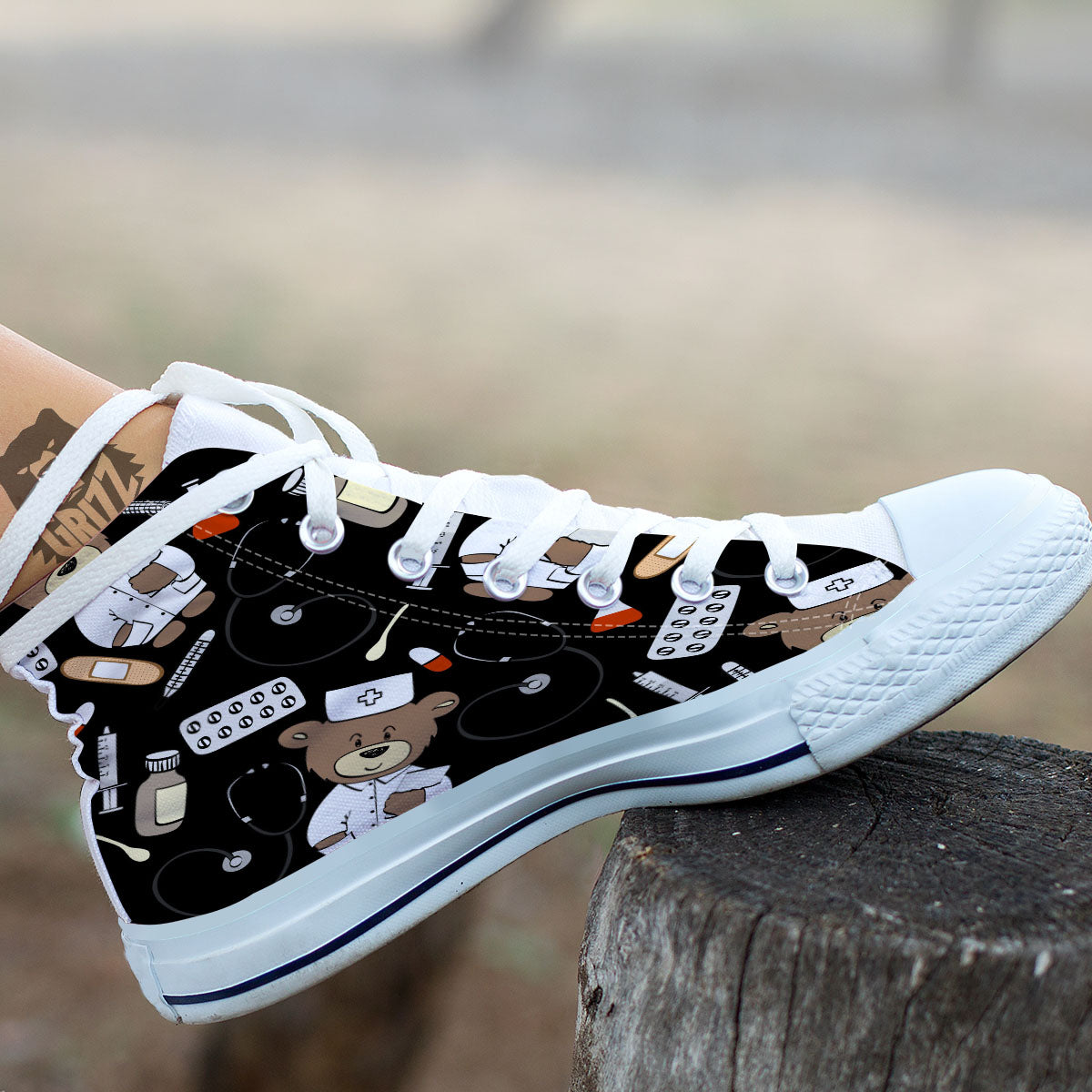Black Teddy Bear Nurse White High Top Shoes-grizzshop