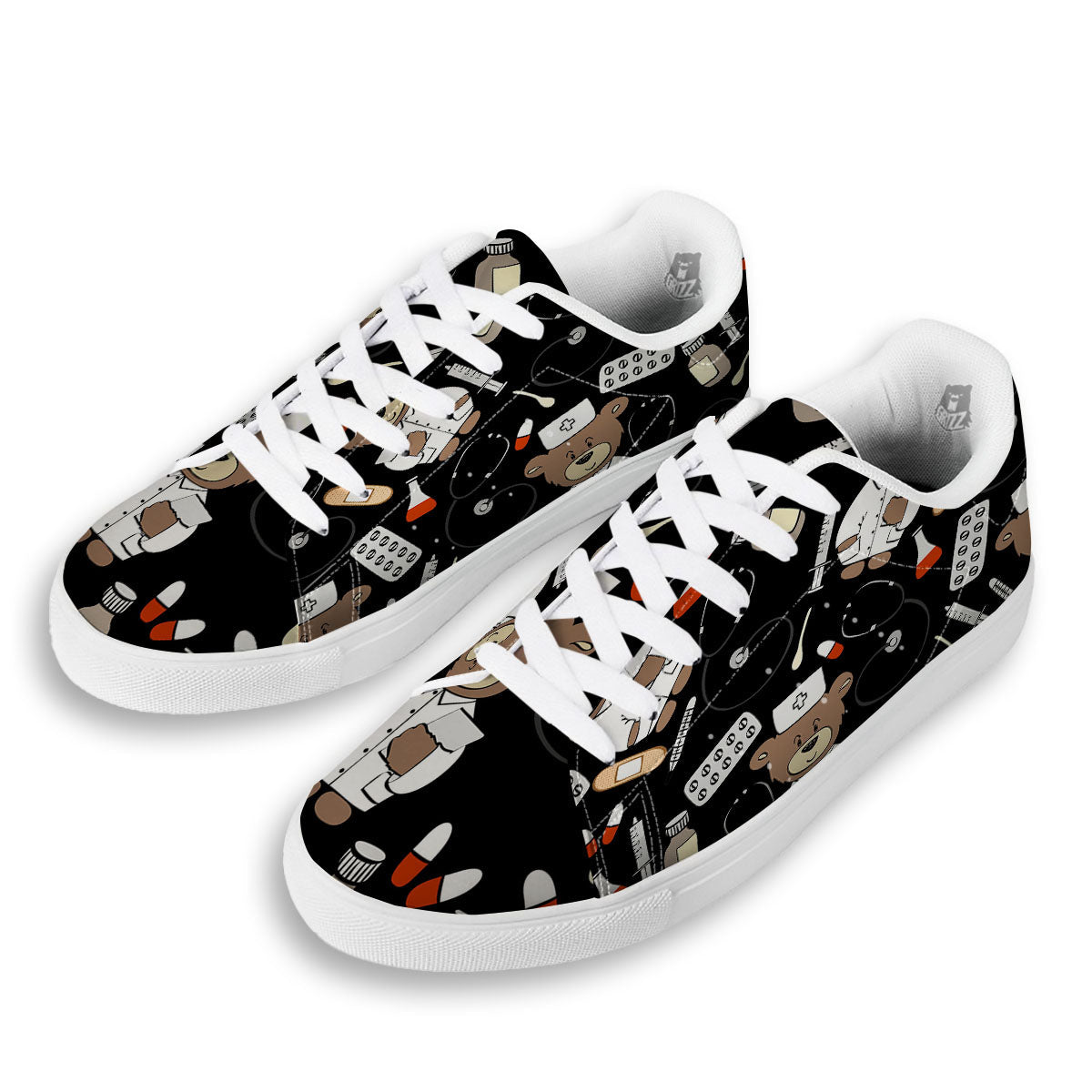 Black Teddy Bear Nurse White Low Top Sneakers-grizzshop