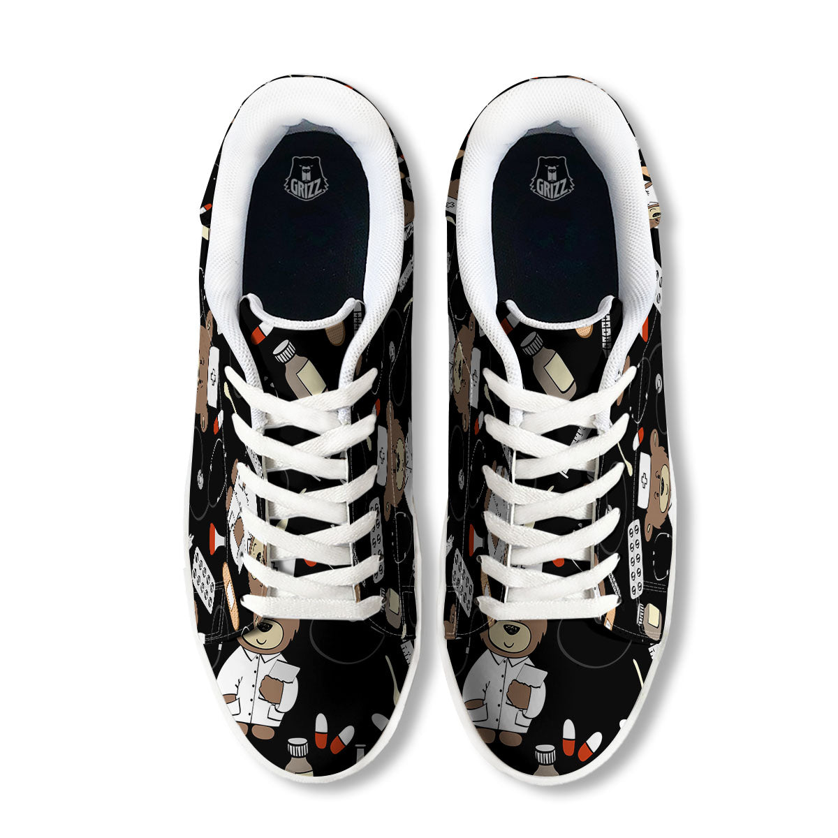 Black Teddy Bear Nurse White Low Top Sneakers-grizzshop
