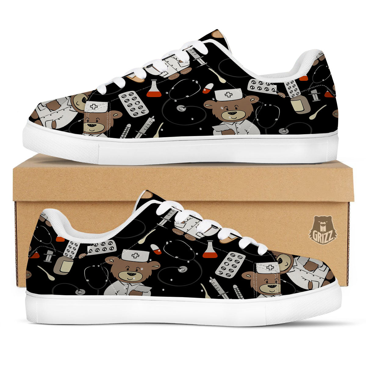 Black Teddy Bear Nurse White Low Top Sneakers-grizzshop