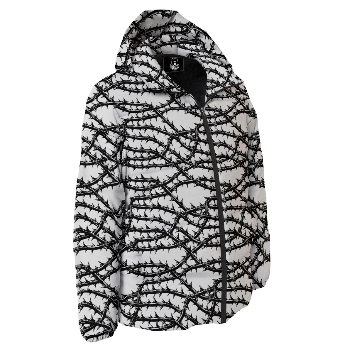 Black Thorn Horror Style Print Pattern Down Jacket-grizzshop