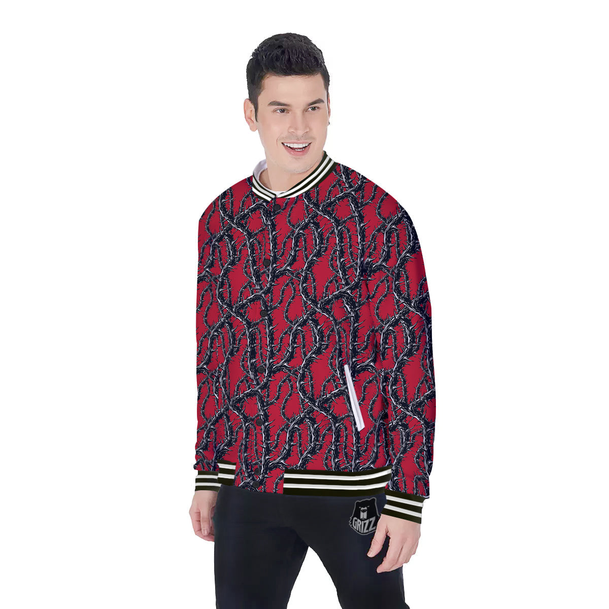 Black Thorns Horror Print Pattern Baseball Jacket-grizzshop