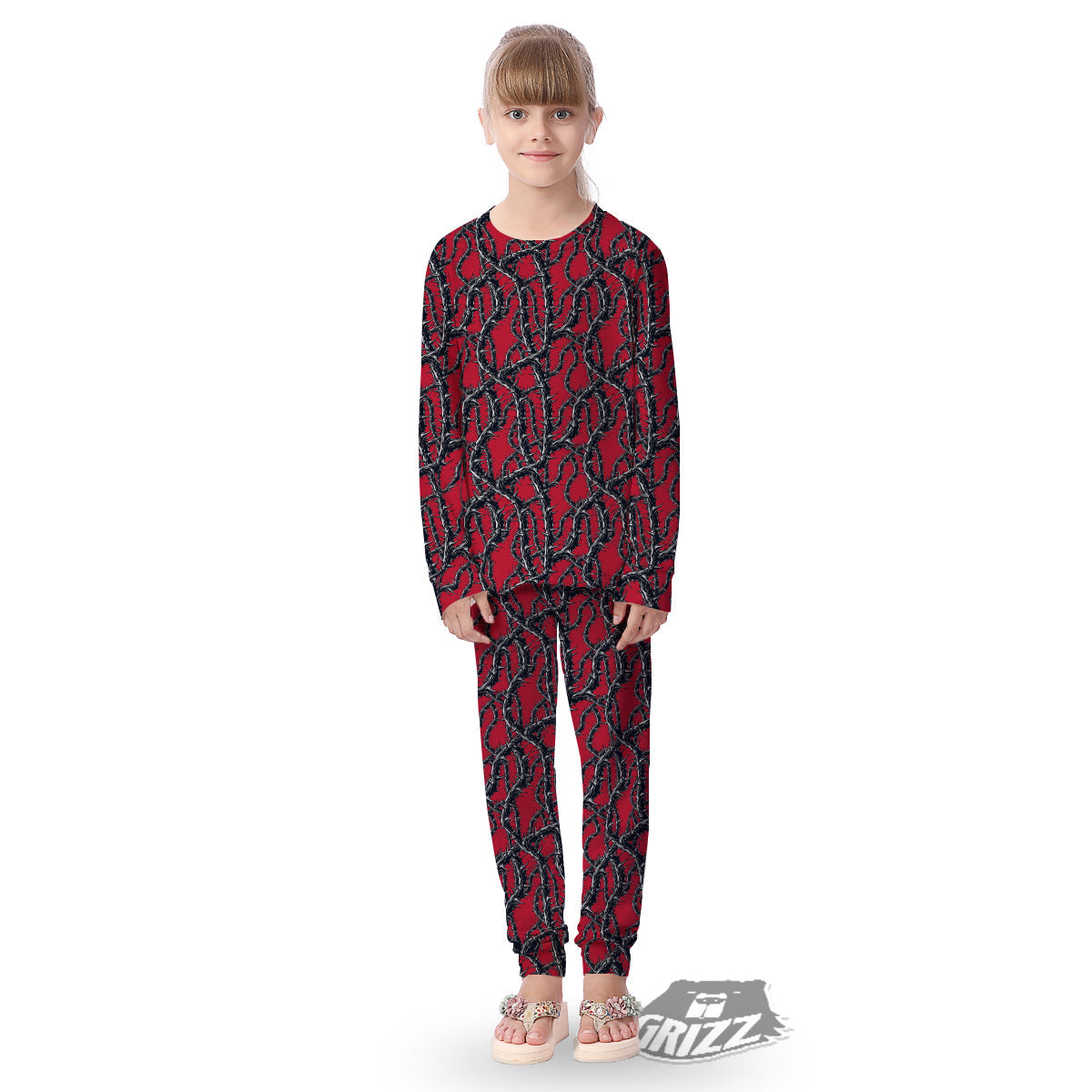 Black Thorns Horror Print Pattern Kid's Pajamas-grizzshop