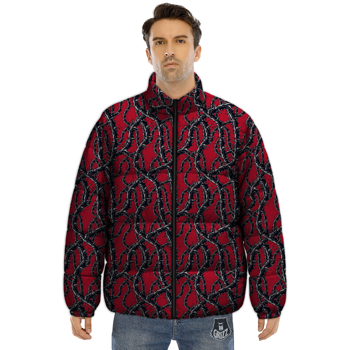 Black Thorns Horror Print Pattern Puffer Jacket-grizzshop