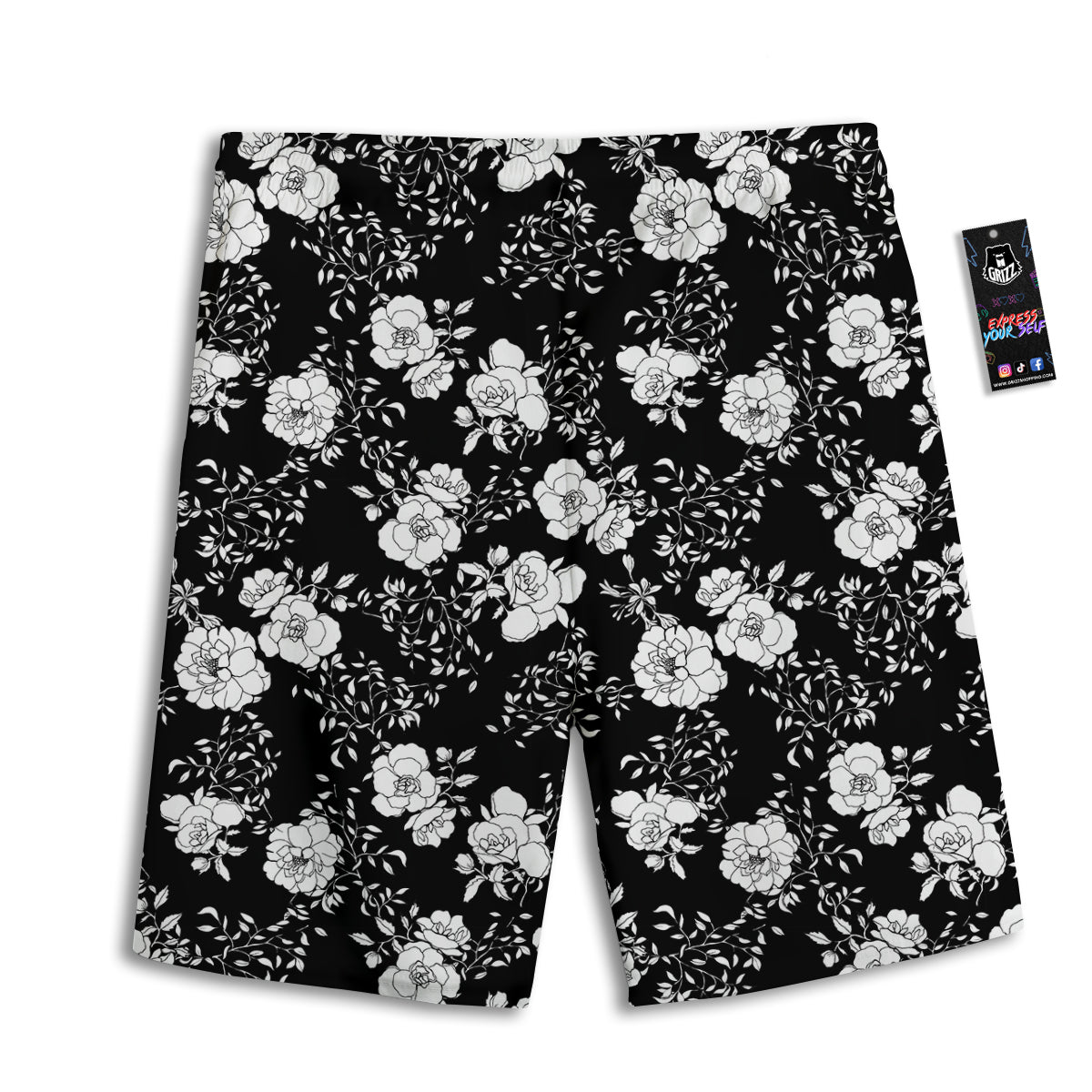 Black Vintage And White Floral Print Pattern Men's Athletic Shorts