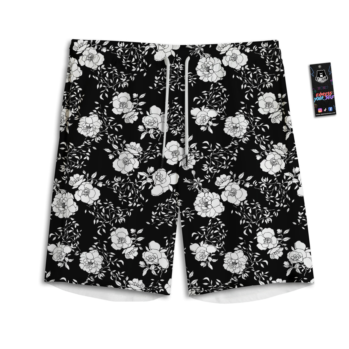 Black Vintage And White Floral Print Pattern Men's Athletic Shorts