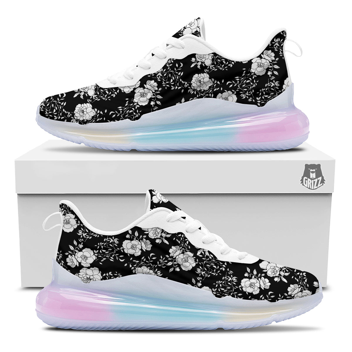 Black Vintage And White Floral Print Pattern Running Sneakers-grizzshop