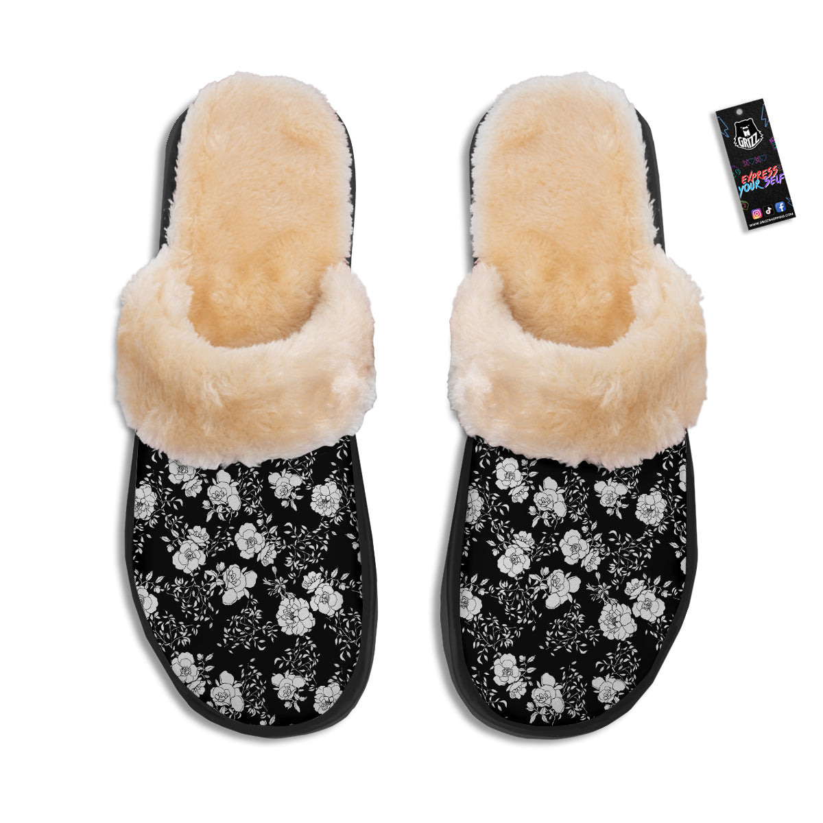 Black Vintage And White Floral Print Pattern Slippers-grizzshop