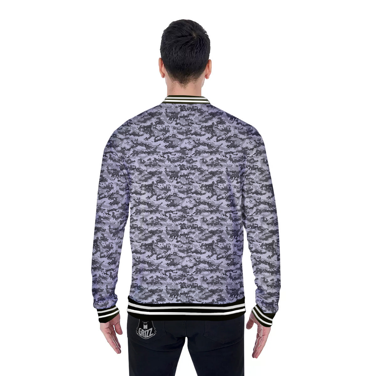 Black White And Grey Digital Camo Print Baseball Jacket-grizzshop