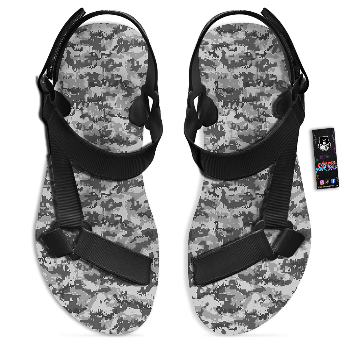 Black White And Grey Digital Camo Print Black Open Toe Sandals-grizzshop