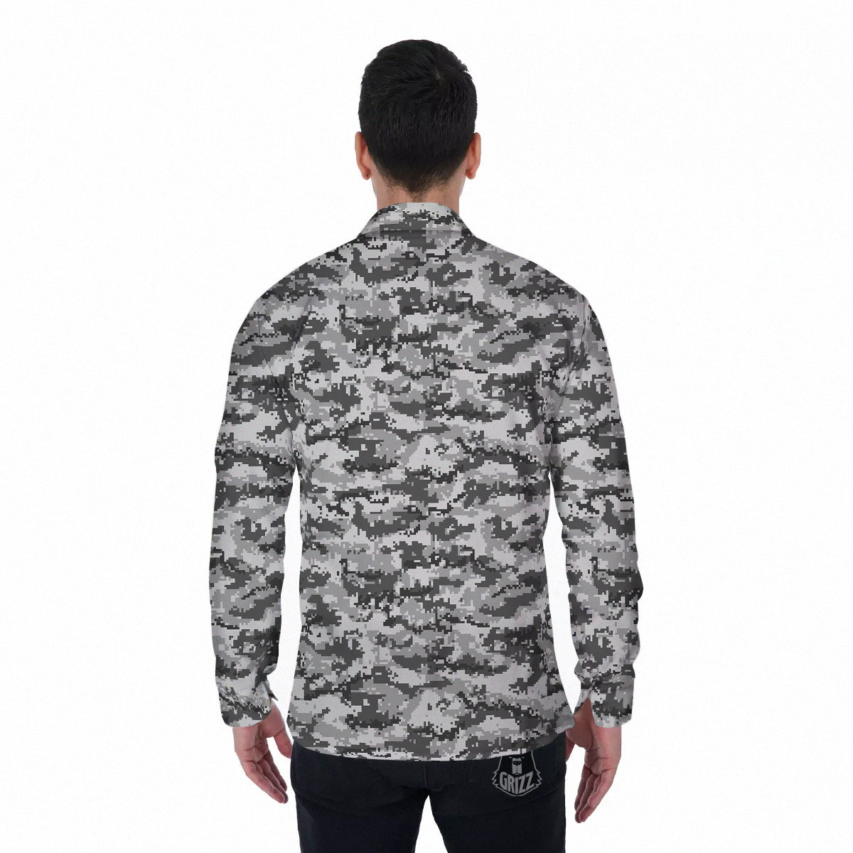 Black White And Grey Digital Camo Print Men's Long Sleeve Shirts-grizzshop