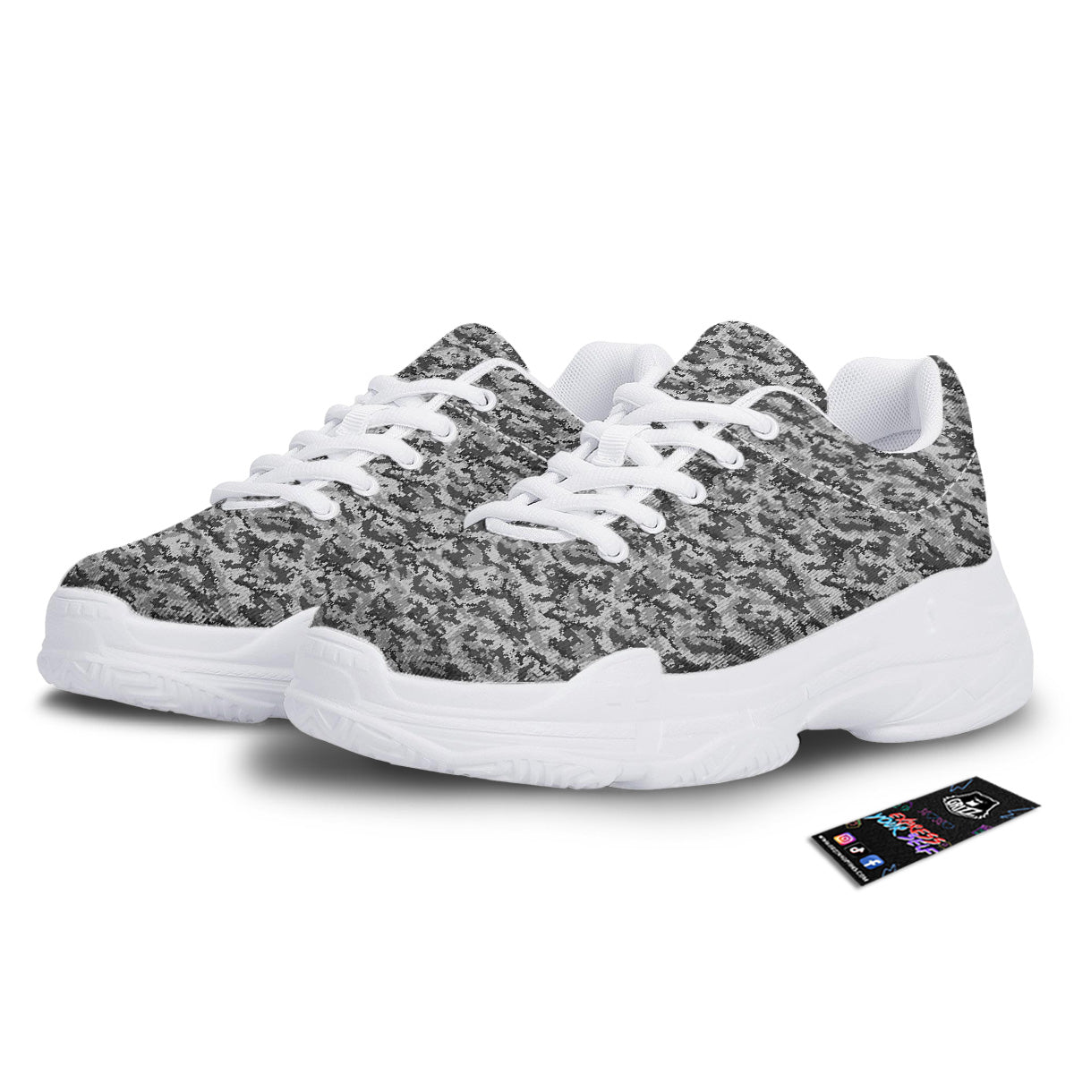 Black White And Grey Digital Camo Print White Chunky Shoes-grizzshop