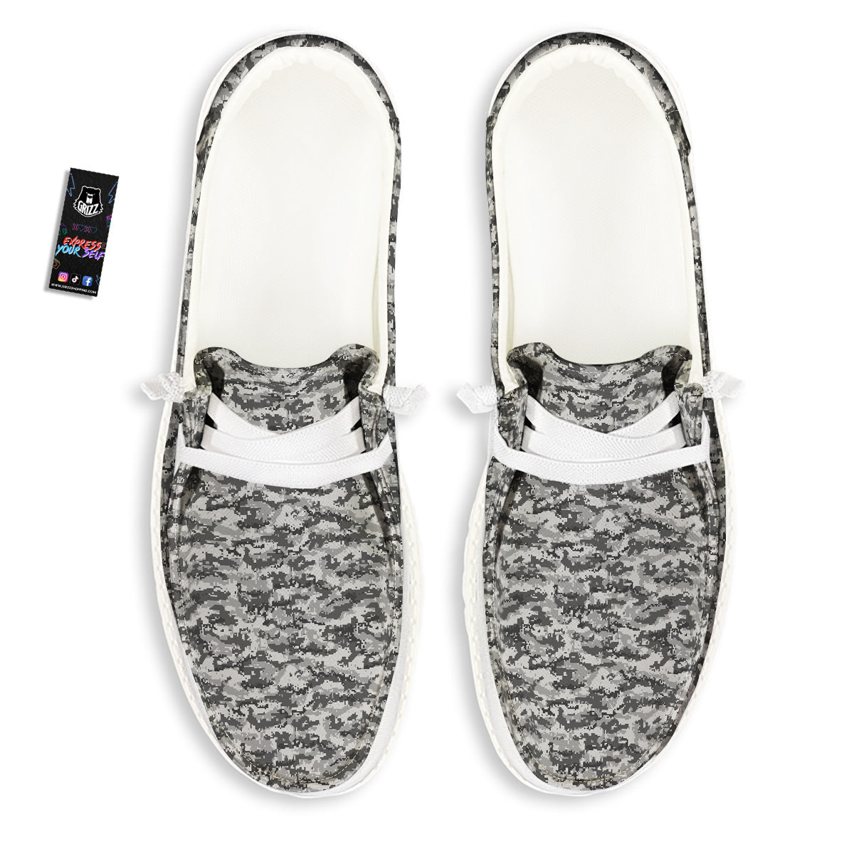 Black White And Grey Digital Camo Print White Loafers-grizzshop