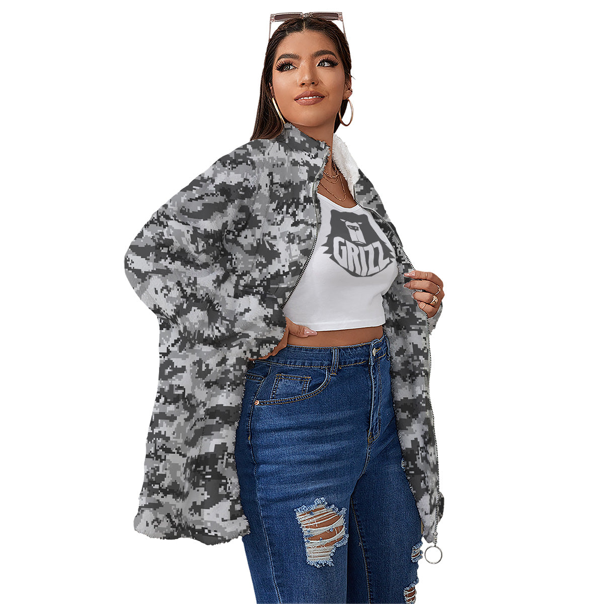 Black White And Grey Digital Camo Print Women's Sherpa Jacket-grizzshop