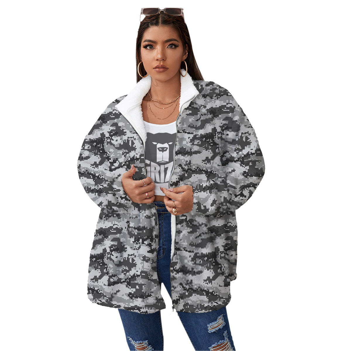 Black White And Grey Digital Camo Print Women's Sherpa Jacket-grizzshop