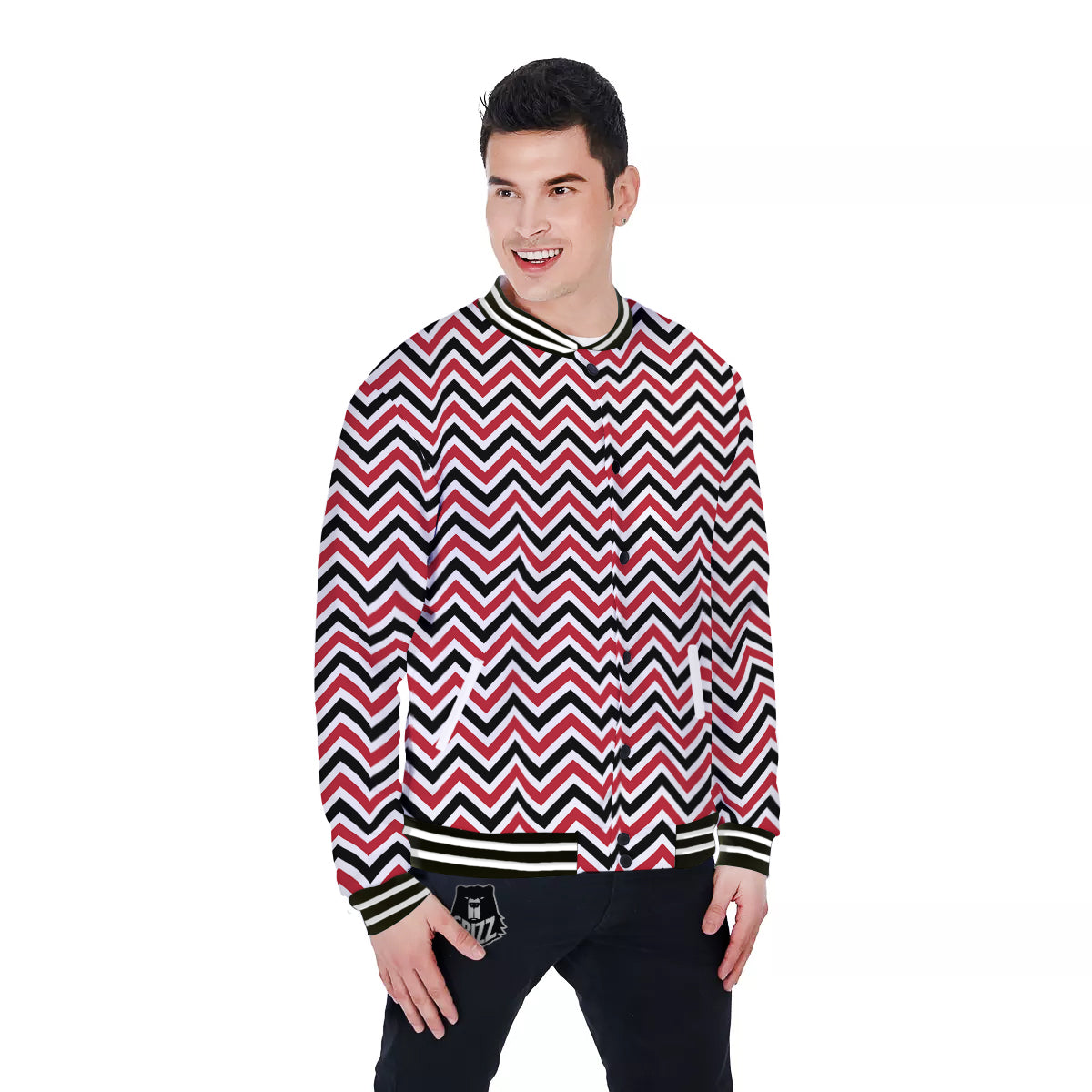 Black White And Red Chevron Print Pattern Baseball Jacket-grizzshop