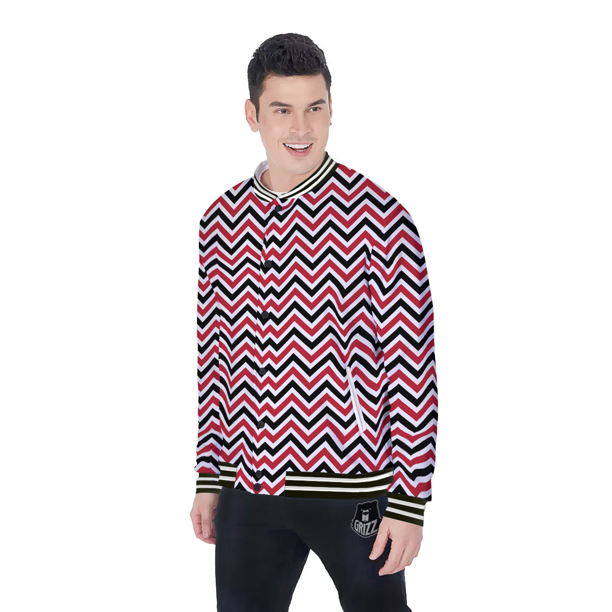 Black White And Red Chevron Print Pattern Baseball Jacket-grizzshop