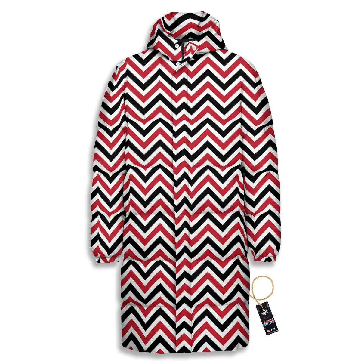 Black White And Red Chevron Print Pattern Long Down Jacket-grizzshop