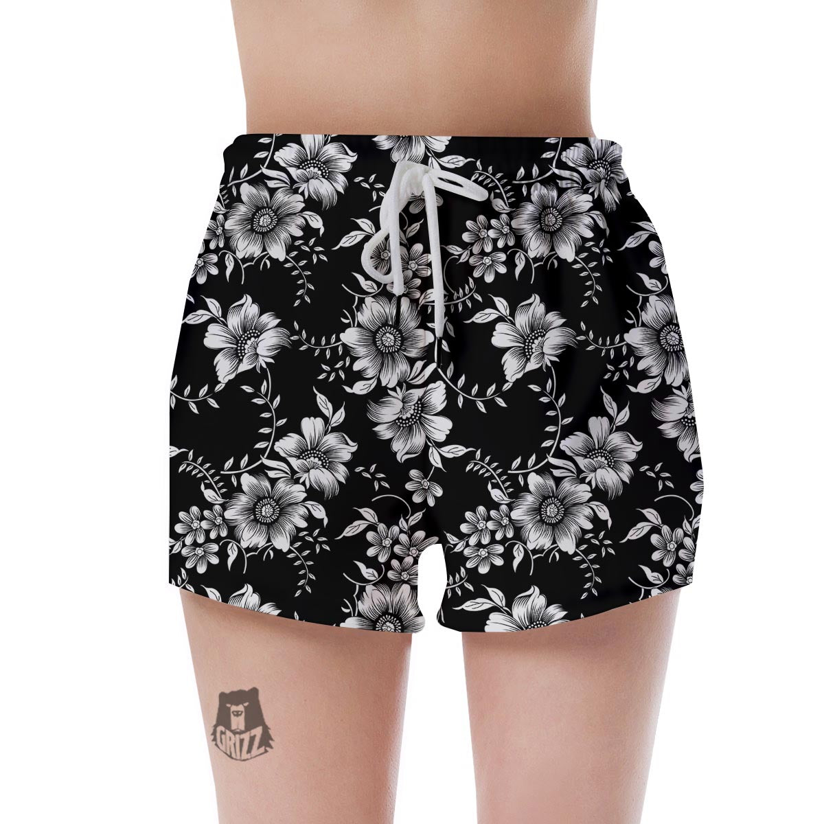 Black White Floral Print Women's Shorts-grizzshop