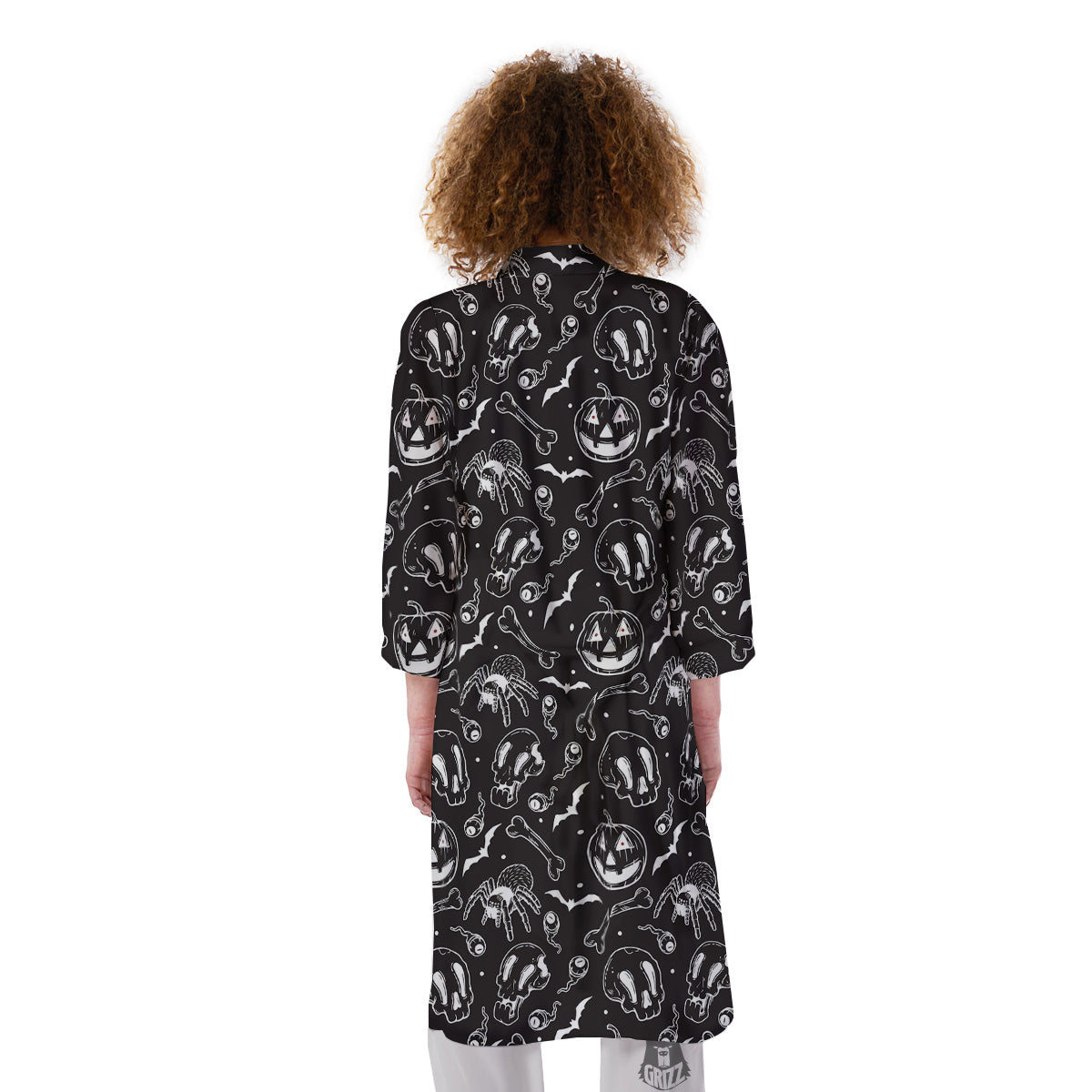 Black White Handdrawn Skull And Spider Print Pattern Kimono-grizzshop