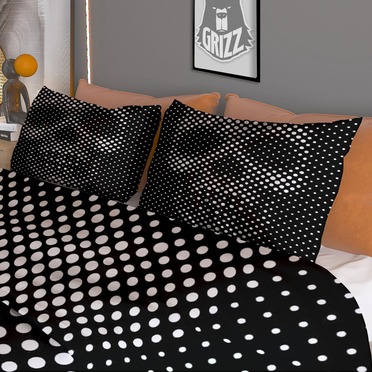 Black White Polka Dots Skull Print Duvet Cover Bedding Set
