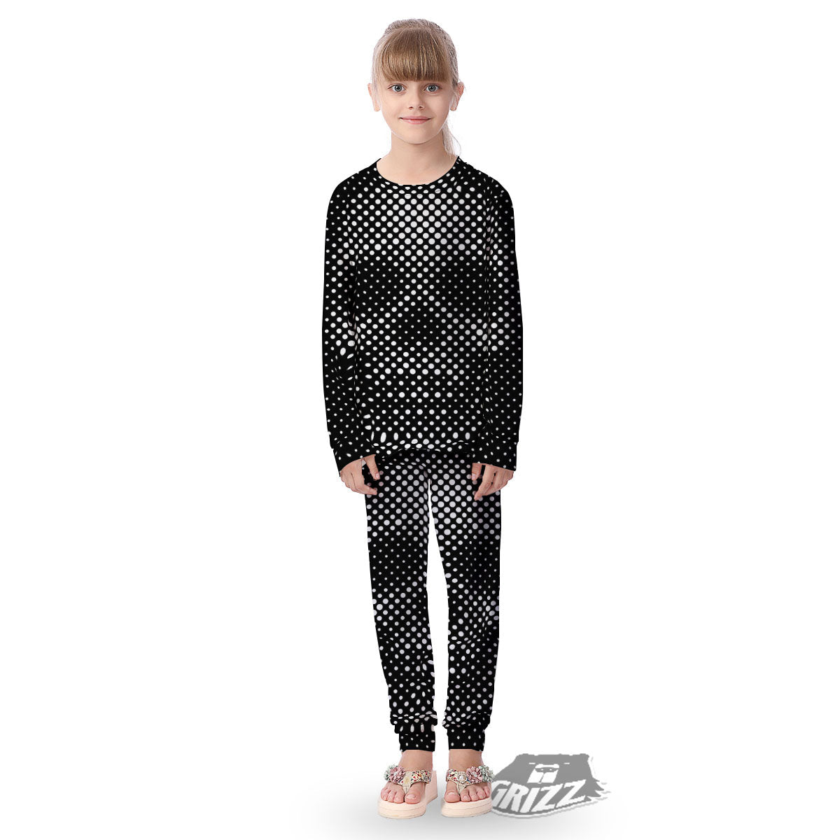 Black White Polka Dots Skull Print Kid's Pajamas-grizzshop