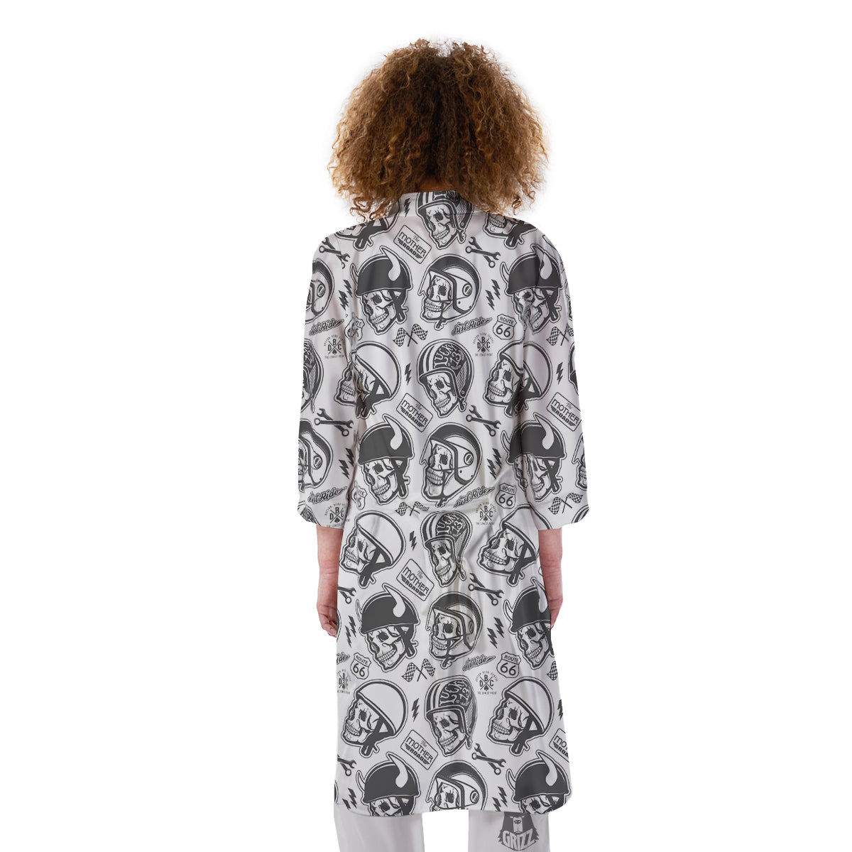 Black White Skull Helmet Rider Print Pattern Kimono-grizzshop