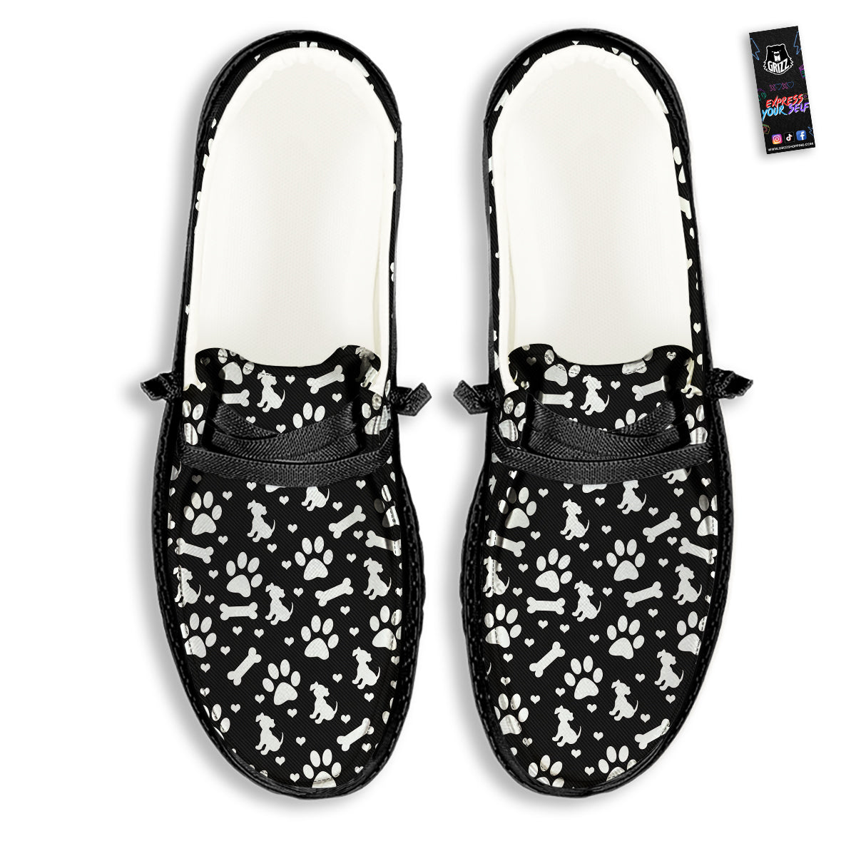 Black and White Dog Paw Print Pattern Black Loafers-grizzshop