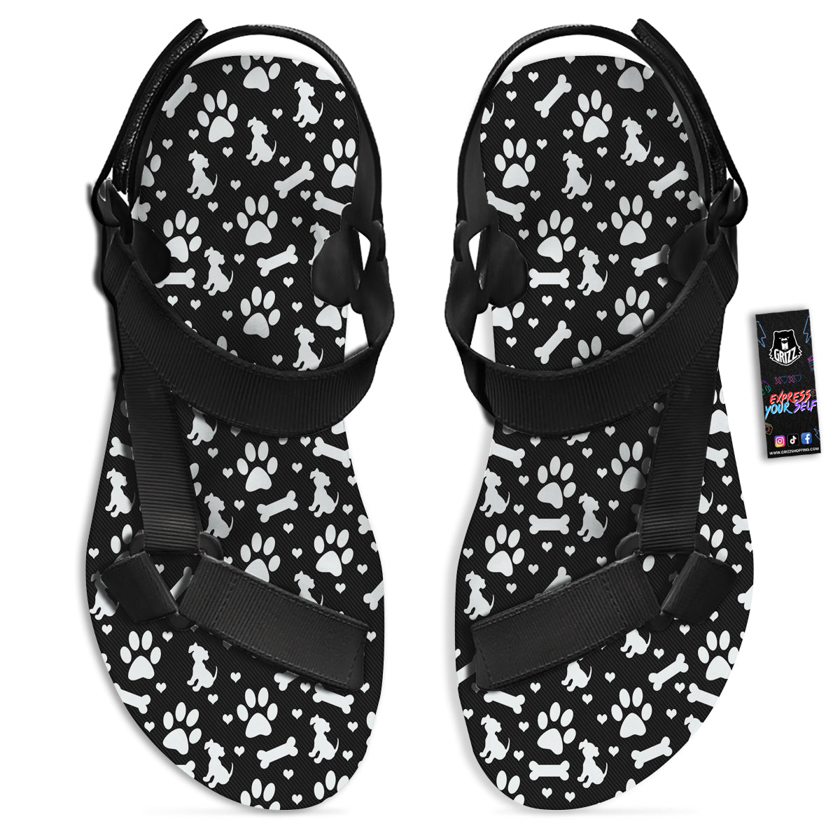 Black and White Dog Paw Print Pattern Black Open Toe Sandals-grizzshop