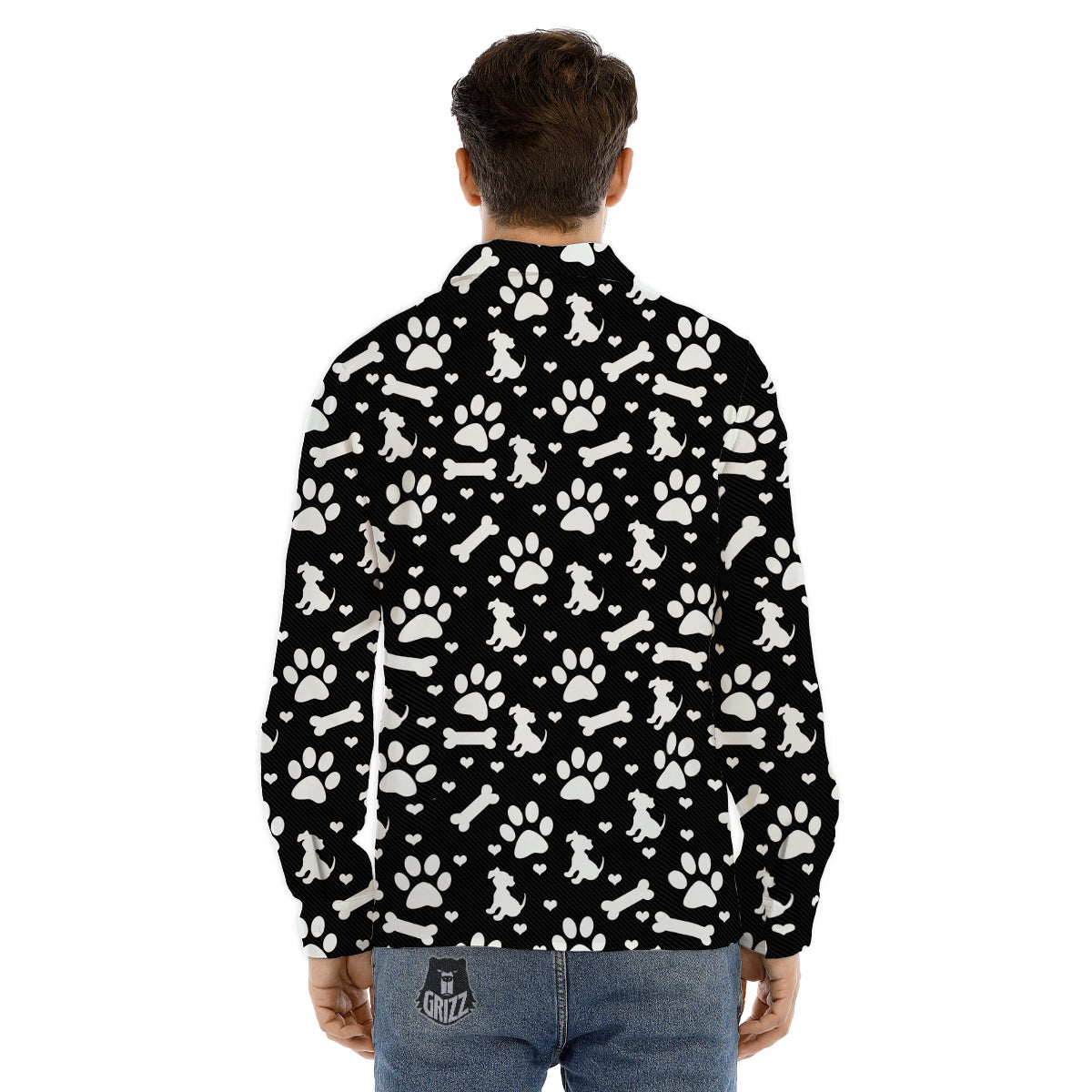 Black and White Dog Paw Print Pattern Men's Dress Shirts-grizzshop