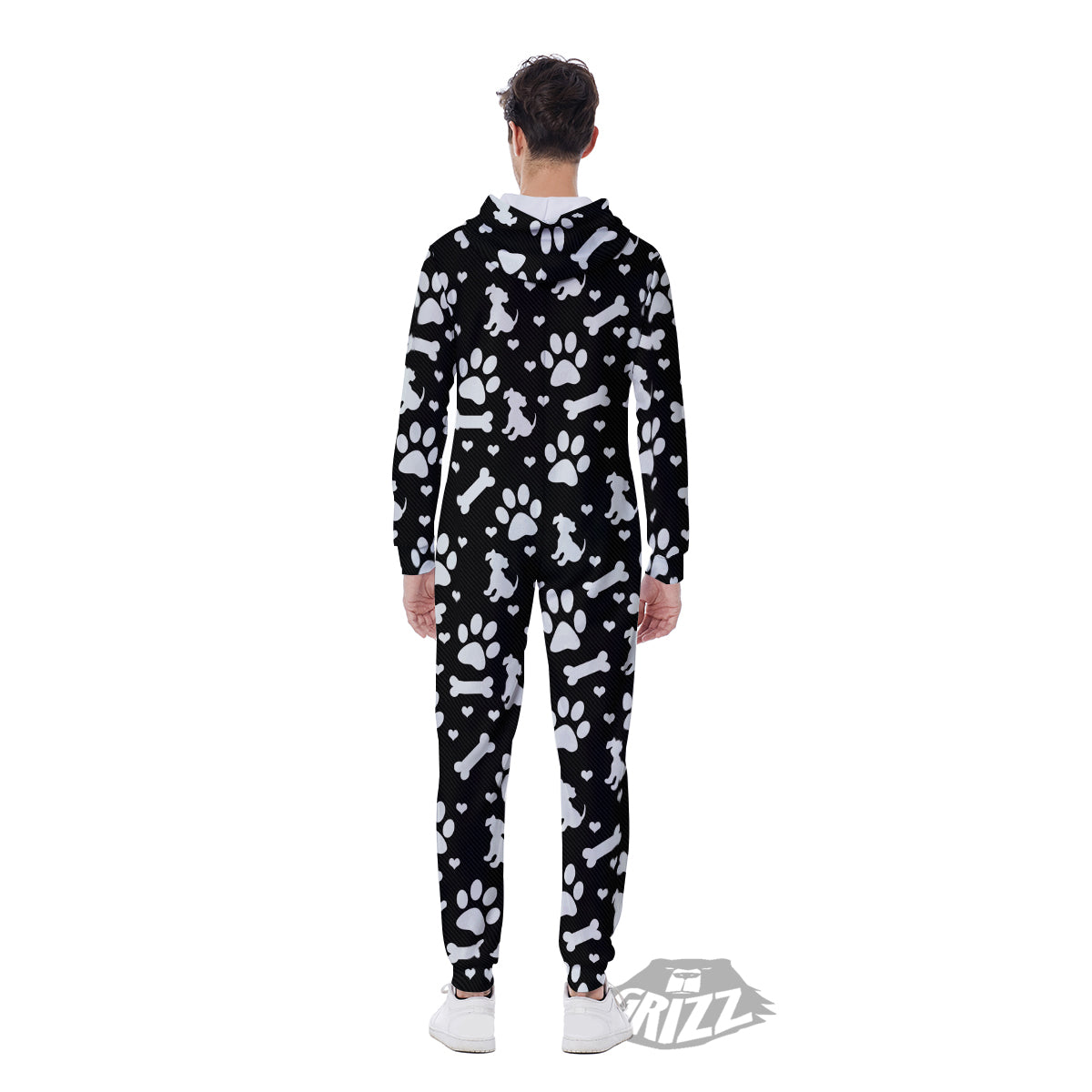 Black and White Dog Paw Print Pattern Men's Jumpsuit-grizzshop