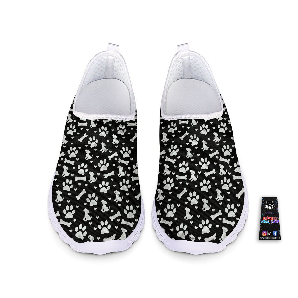 Black and White Dog Paw Print Pattern Nurse Shoes-grizzshop