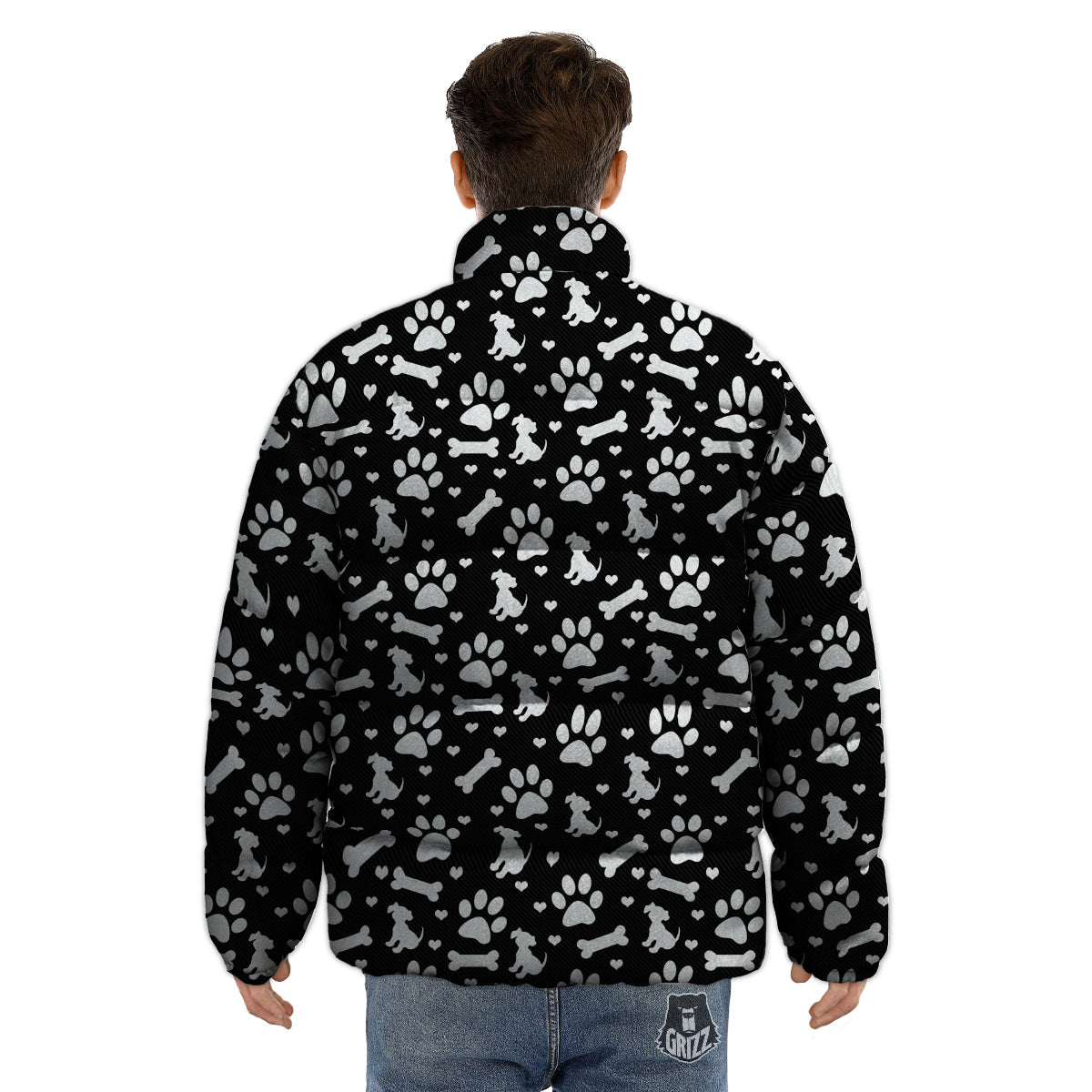 Black and White Dog Paw Print Pattern Puffer Jacket-grizzshop
