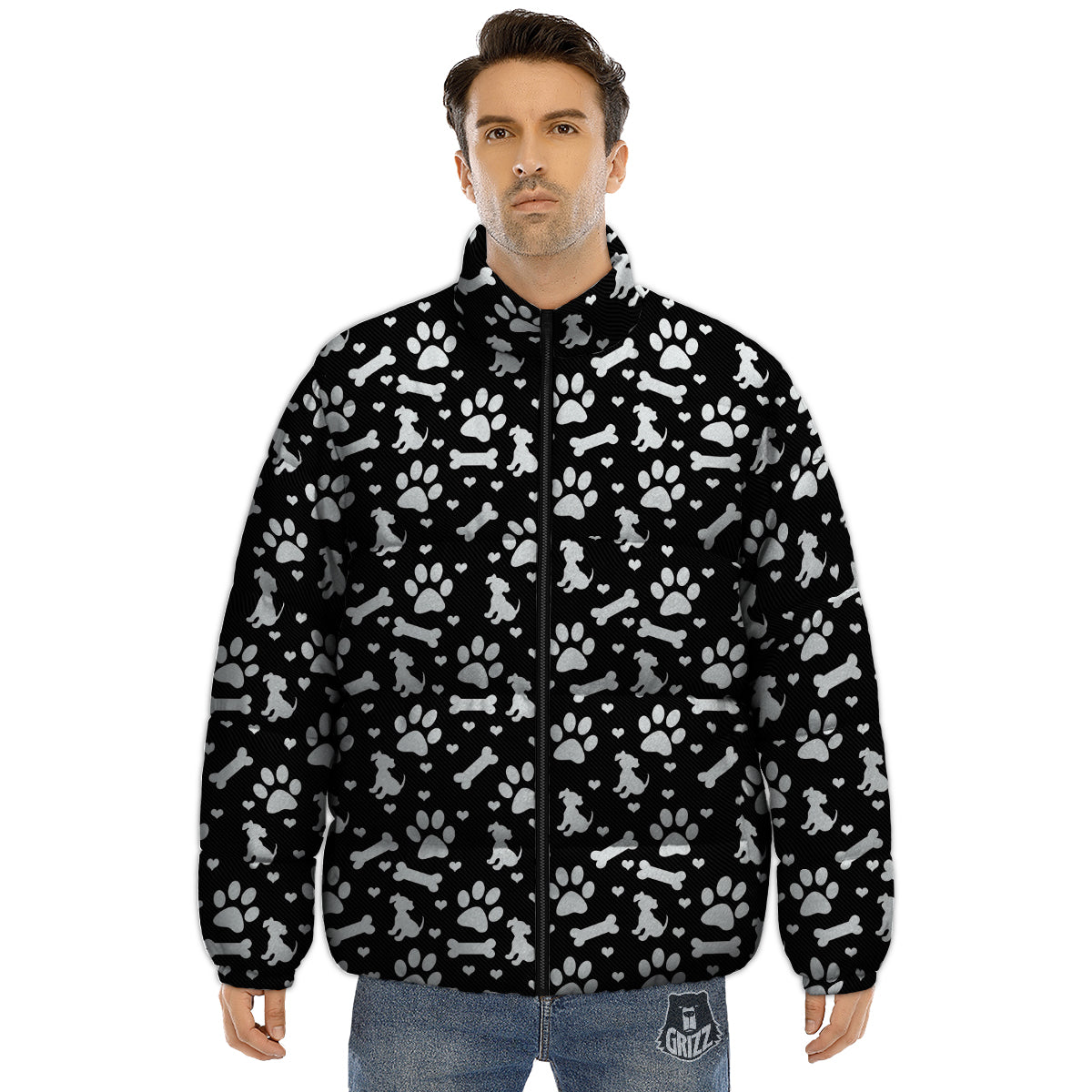 Black and White Dog Paw Print Pattern Puffer Jacket-grizzshop