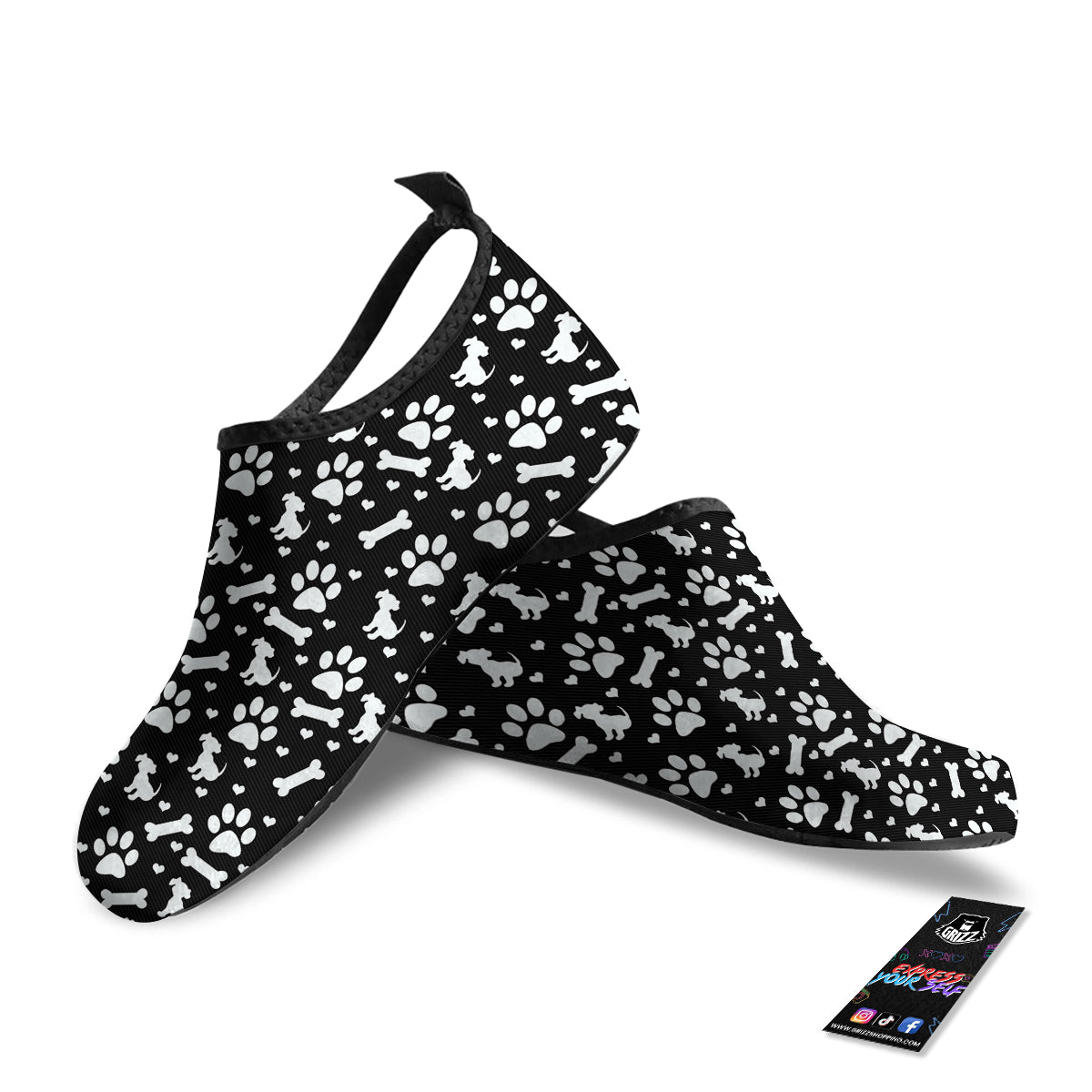 Black and White Dog Paw Print Pattern Water Shoes-grizzshop
